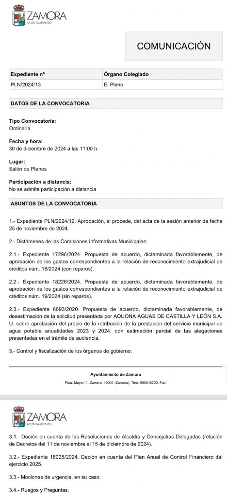 Pleno ordinario del mes de diciembre